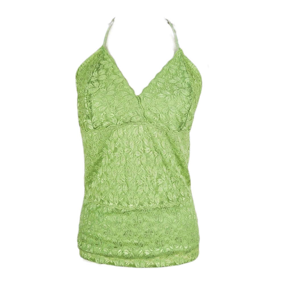 Y2k Large Lime Green Babydoll Halter Top Lacy Fairy Whimsy Coquette Lined